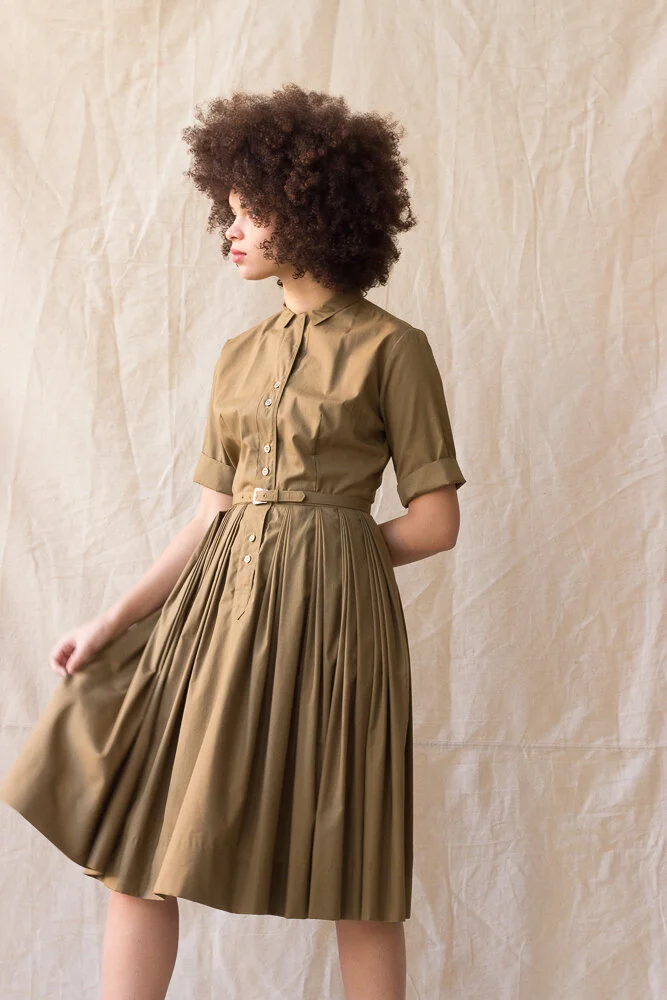 1950s Olive Cotton Pleated Shirt Dress Wayward Collection